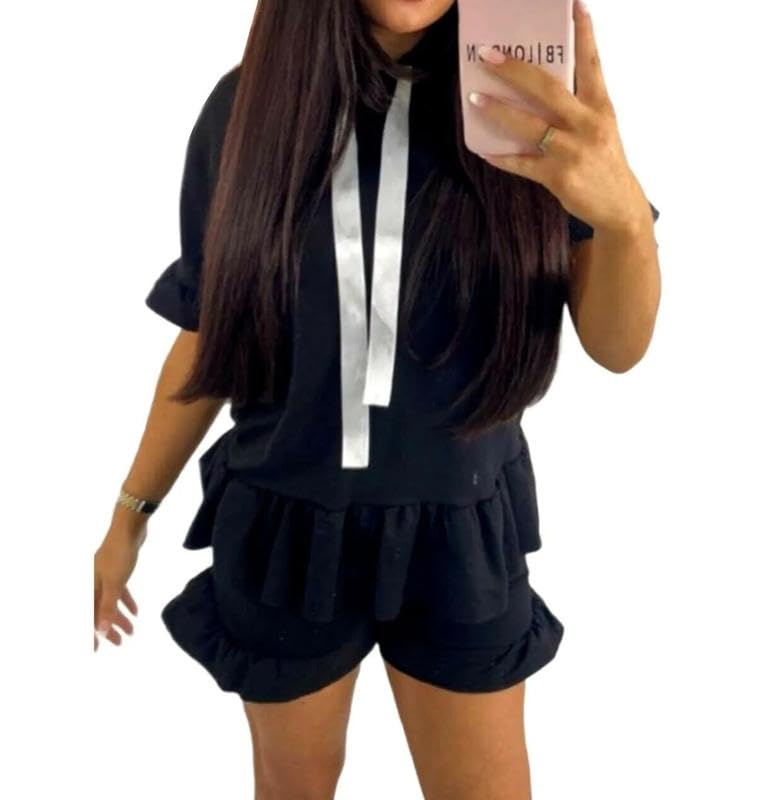 Ensemble deux pièces à capuche short volants plissés femme taille SM 34-38