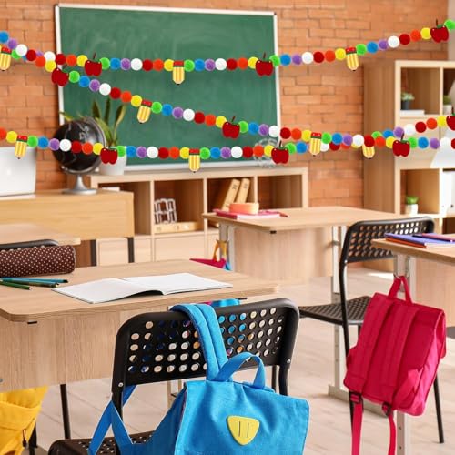 Image of 3 Pcs Back to School Felt Banner Pencil Apple Garland Classroom Return to School Pom Pom Ball Garland Colorful Pompom Hanging Banner Hanging Garlands for First Day of School Classroom Decorations