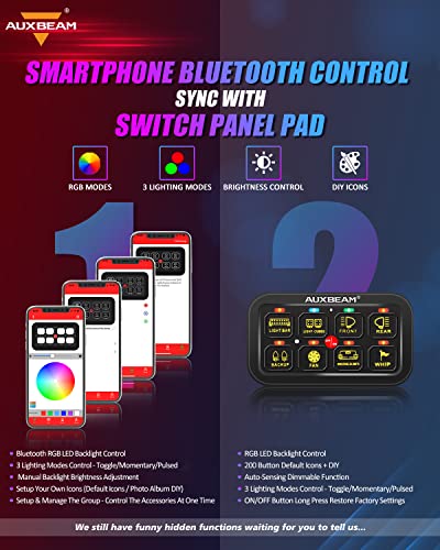 Auxbeam 8 Gang Switch Panel Rgb Ar-800 Toggle Momentary Pulsed Bluetooth Switch Panel For Truck Suv Utv Atv Marine Rv Camper Van, Multifunction 12-24V Waterproof 2 Years Warranty #TOP2