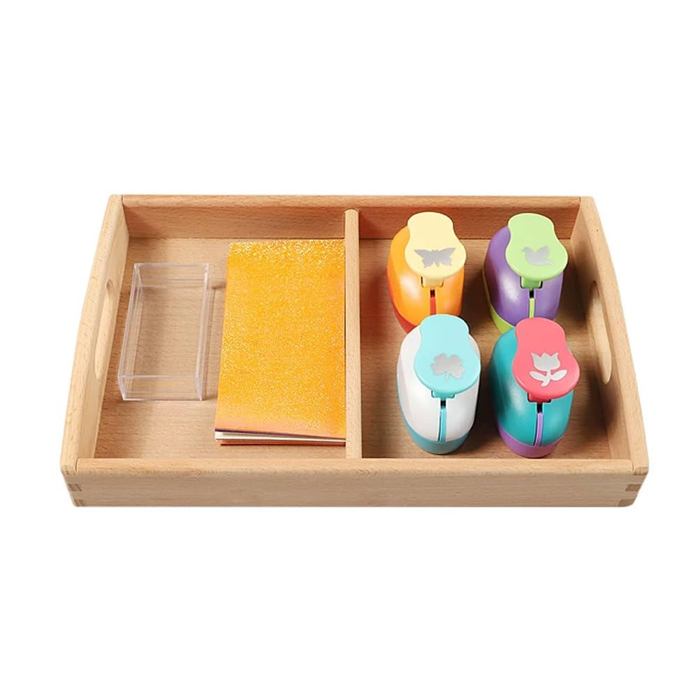 Montessori Papierlocher-Set, komplettes Bastel-Lochset mit Holztablett, 4 Formenlocher, buntes Papier & Aufbewahrungsbox