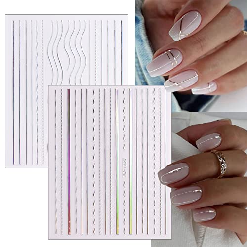 12 Sheets Line Nail Art Stickers Decals 3D Aurora Nail Stickers Holographic Self-Adhesive Silver Stripe Nail Decals Curve Stripe Chain Wave Lines French Nail Designs Decoration For Women Nail Supplies #TOP4