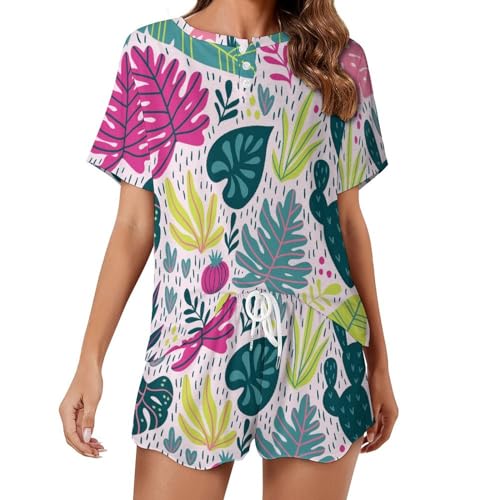 Pyjama femme manches courtes imprimé feuilles colorées pour l'été
