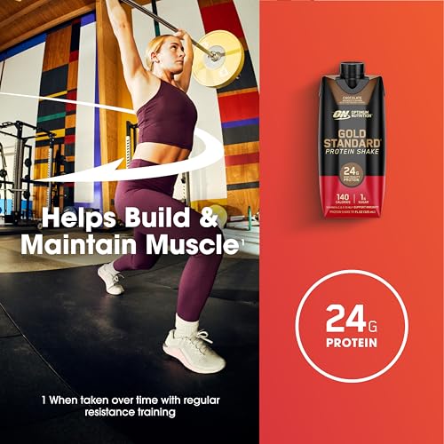 Image of Optimum Nutrition Gold Standard Protein Shake, 24g Protein, Ready to Drink Protein Shake, Gluten Free, Vitamin C for Immune Support, Chocolate, 11 Fl Oz, Pack of 4 (Packaging May Vary) | On-The-Go Ready to Drink Protein Shake, Gluten Free, Added Vitamins & Minerals for Immune Support, Delicious Flavor & Texture