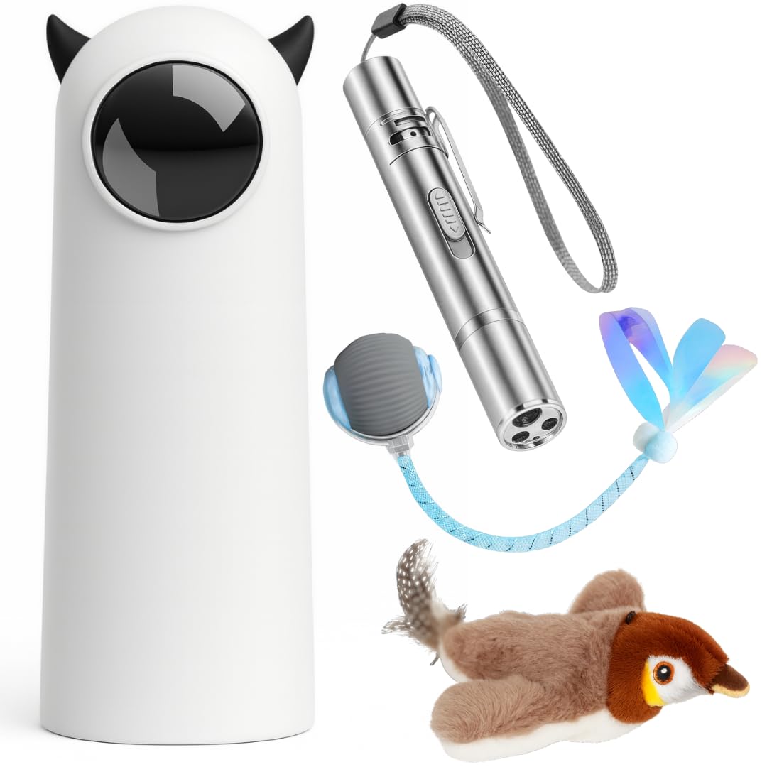 Coffret 4 Jouets Interactifs pour Chat avec Herbe à Chat | Laser Automatique Rotatif, Laser Manuel, Balle Interactive, Oiseau Volant avec Catnip | Pack Anti-Stress et Stimulation Féline