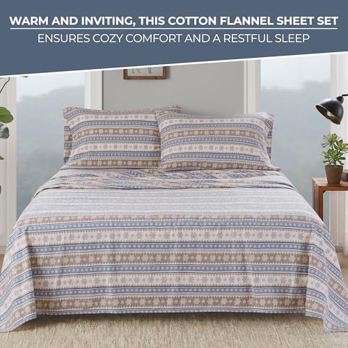 Image of Woolrich Cotton Sheet Set Cottage Charms Print, 100% Cotton Flannel Sheets Warm & Fuzzy Bedding Set Full Size Sheets, Fitted Pocket Fits Up to 12 inch Mattress, Full Blue Snowflake 4 Piece