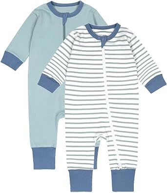 Toddler Unisex Baby 2-Pack Pajamas Cotton 2 Way Zipper Long Sleeve Romper | Baby Boys Baby Girls Long Sleeve Jumpsuit Sleep and Play Soild Stripes