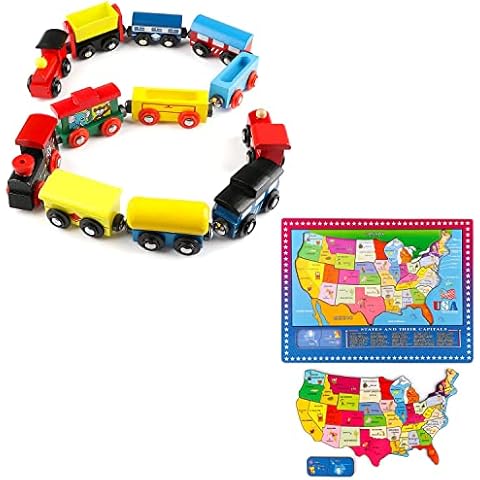 Joqutoys Wooden Train Set Magnetic Toy Train Cars, Wooden USA Map Puzzle for Kids, Grography Learning Puzzle Cover