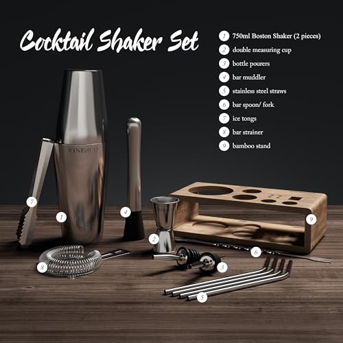 Cocktail Shaker Set Boston mit Ständer & Rezeptbuch: Premium Edelstahl Bar Cocktailset Cocktailshaker Messbecher Strohhalme Barlöffel Stößel | Barkeeper Barset Cocktail-Zubehör Geschenk Frauen Männer