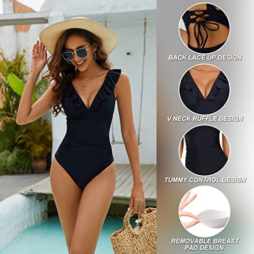 Annbon Slimming Artifact V Neck Sexy One Piece Bathing Suit for Women Tummy Control Ruffled Lace Up Fashion Design Halter3