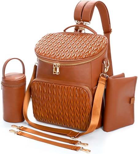 Minsong Diaper Bag Backpack for Women, Cute Stylish Mommy Diaper Backpack, Waterproof Travel PU Leather Baby Backpack Diaper Bag with Changing Pad(Brown)