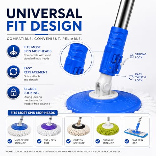 Image of Ultra Premium 360 Spin Mop Stick Rod with Stainless Steel Handle | Adjustable & Extendable Heavy Duty Mop Handle | Floor Cleaning Refill Rod Compatible with Spin Mop (Blue) (2 Heads)