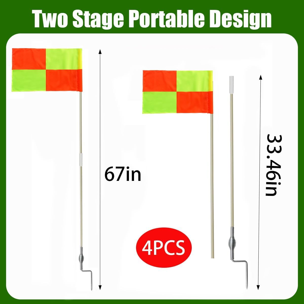 4 Pcs Soccer Corner Flags Set，67-Inch Portable Soccer Agility Poles and Football Field Corner Flags，Spring Mounted Spike Corner Flag Poles for Outdoor Grass Fields, Agility Training Soccer Equipment