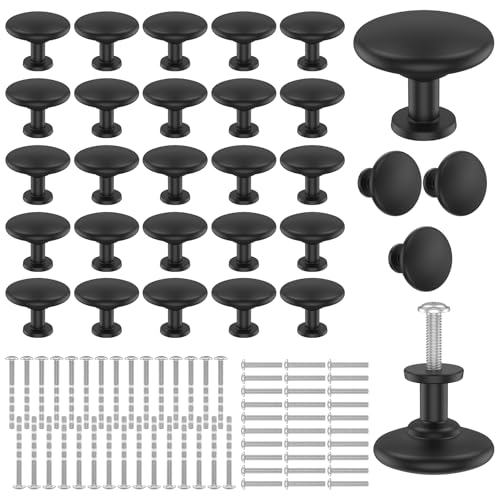30 Pack Black Matte Round Drawer Knobs Aluminum Alloy Round Dresser Handles with Screws 28mm Single Hole Cupboard Door Knob for Drawers Cabinets Dresser Closet (Black)