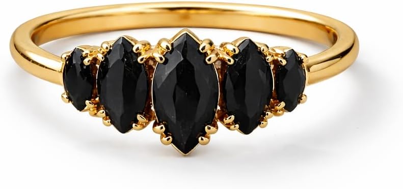 14K Yellow Gold Black Spinel Marquise Cut Ring Five-Stone Graduated Stacking Band Unique Gothic Minimalist Promise Ring for Women