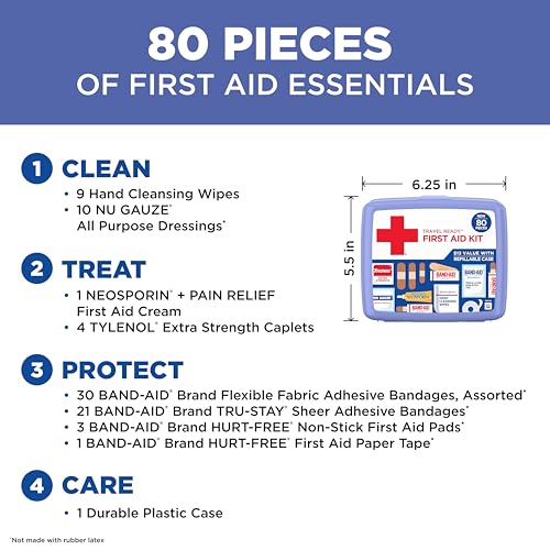 BAND-AID Brand Travel Ready Portable Emergency First Aid Kit, Minor Wound Care, Perfect for Home, Car, Camping, Travel & Outdoor Essentials, Supplies Include Bandages, Neosporin & Tylenol, 80 Piece - Image 5