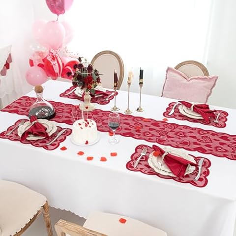 Joyfol Day Red Heart 5 Pcs Lace Valentines Day Table Runner (13 x 72 Inch) and Placemats(12 x 18 Inch),5 Pcs Table Decorations Sets,Valentines Decor for Home Wedding Anniversary Mother's Day Party Cover