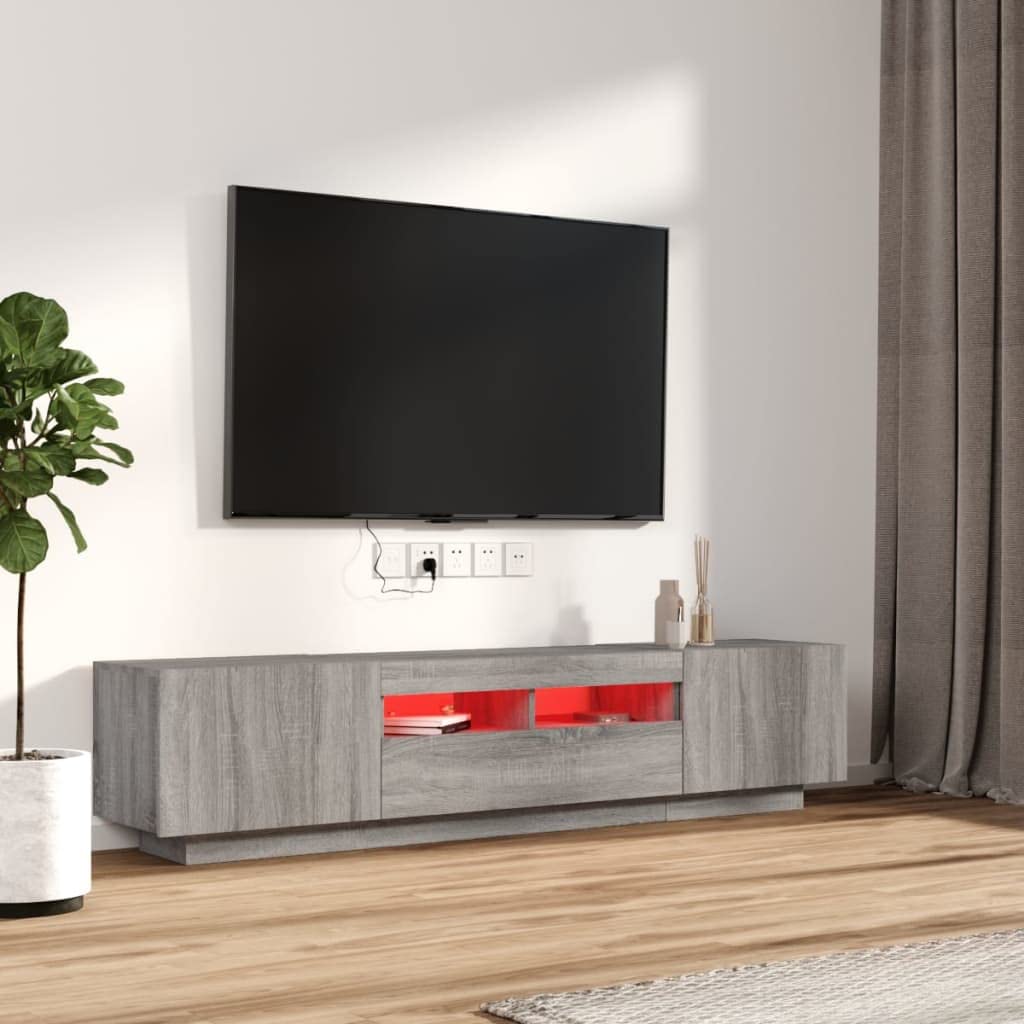Zestaw 2 szafek RTV z oświetleniem LED RGB, szary dąb sonoma, mebel pod telewizor z podświetleniem i dużą przestrzenią do przechowywania, materiał drewnopochodny odporny