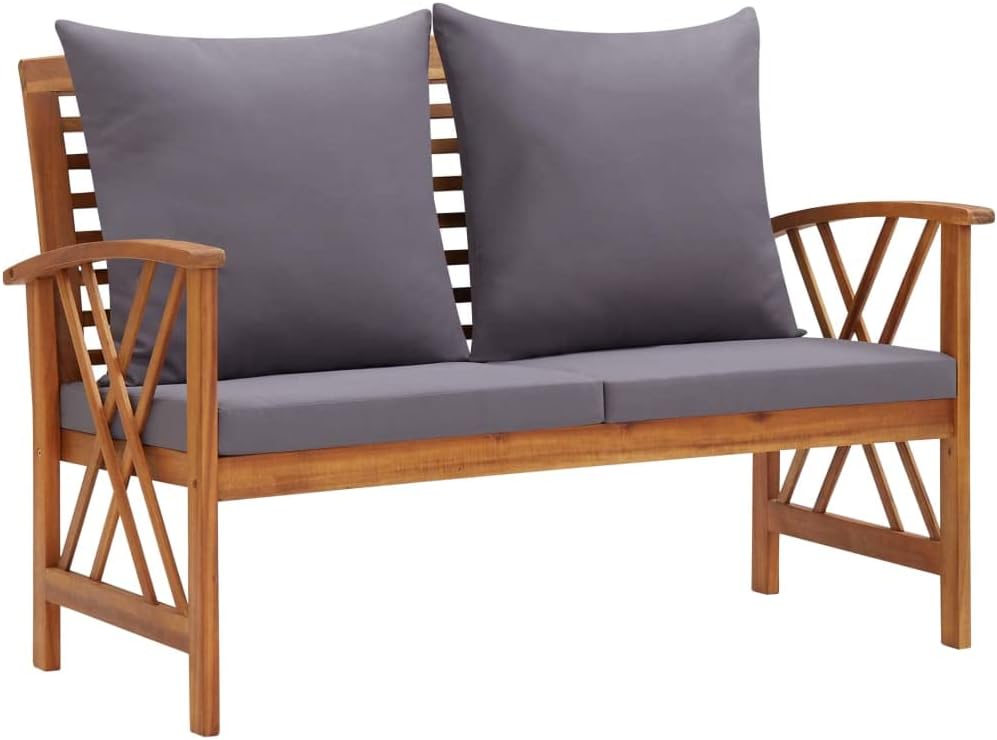 vidaXL Dark Gray Wooden Patio Bench with Cushions– 46.9" Solid Acacia Wood, Oil-Finished, Easy Maintenance, Comfortable Seating, Perfect for Outdoor Spaces Like Garden, Patio, Balcony