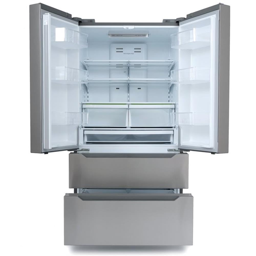 Pemberly Row 22.5 cu. ft. 4-Door French Door Refrigerator, Stainless Steel Finish, Fingerprint Resistant, Built-in Ice Maker, LED Lighting, Adjustable Shelves, Energy Star, 35.8" W x 29" D x 69.88" H on Fridge.com