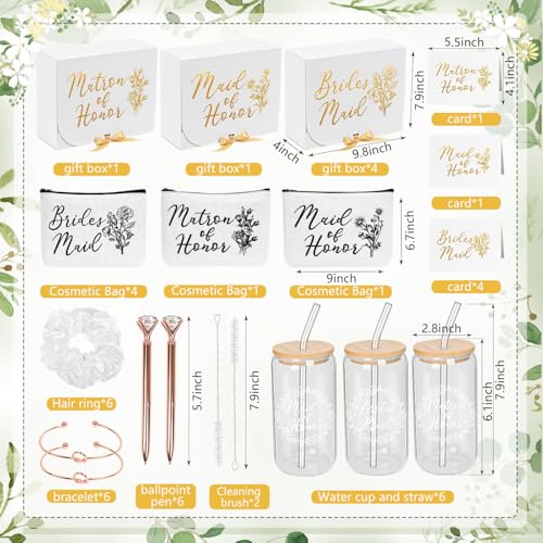 42Pack Bridesmaid Proposal Gifts,Maid of Honor Gifts Matron of Honor Gifts Including Bridesmaid Boxes,16oz Cups Makeup Bag Bracelets Diamond Pen Invitation Cards Scrunchies for Wedding (White)4