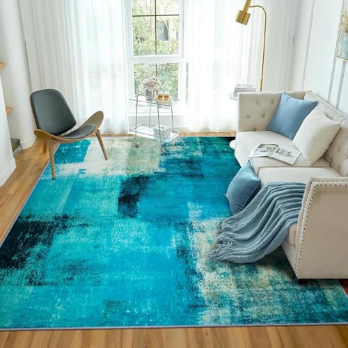 TYJDTYR Rugs Living Room Large 200x290cm Modern Distressed Blue Abstract Rug, Short Pile, Anti-Slip Backing, Machine Washable Rug, Grey Carpet.