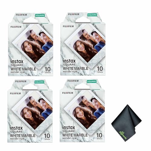 Película Instantánea Fujifilm Instax Square White Marble, 40 Exposiciones (4 paquetes de 10), para Cámaras Instax Square, con Borde de Mármol Blanco y Paño de Limpieza