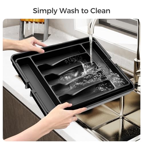 Extra Large Expandable Silverware Organizer, BPA-Free Food-Safe Cutlery Flatware Organizer, Kitchen Utensil Drawer Organizer, Adjustable Silverware Holder for Spoons Forks Knives, Black