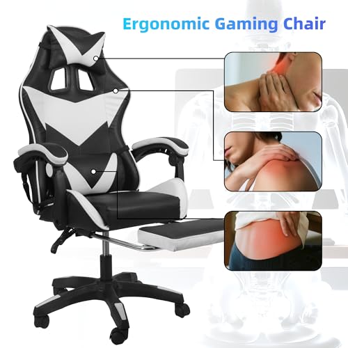 Ergonomic Gaming Chair with Footrest - Adjustable Reclining Office Computer Desk Chair with Headrest, Lumbar Support, and Faux Leather Upholstery (Black+white) - Image 5