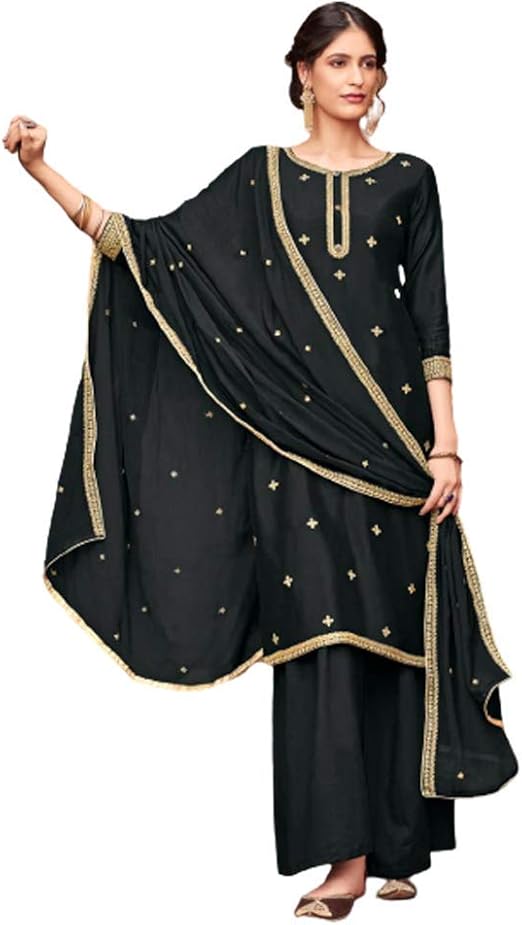 Solid Cotton Silk Muslim Formal Salwar Kameez Palazzo Suit Semi