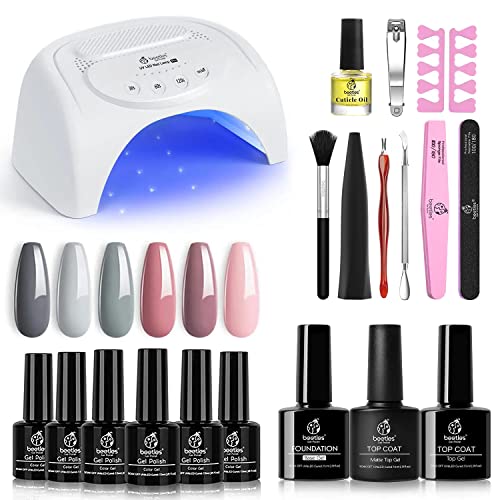 Beetles Gel Nail Polish Kit with U V Light 48W LED Nail Lamp 6 Colors Nude Gray Pink Gel Polish Starter Kit Manicure, Soak off U V LED Gel Nail Polish Set Salon DIY Home Nail Decoration Gift for Women