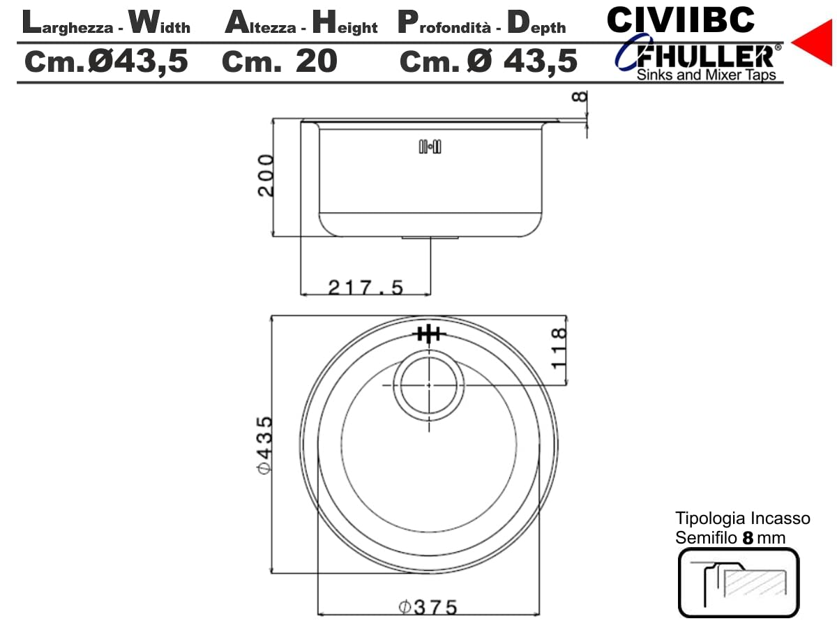 Lavello Cucina Circum CIVIIBC, Tondo Inox Spazzolato, Ø 43,5 cm, Altezza 20 cm, Incasso made in Italy