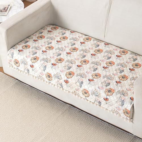 Image of HOKIPO Wildflower Breeze 2 Seater Quilted Sofa Cover Mat with Tassels 'Tassel Twigs' Series (IN-983-T7)
