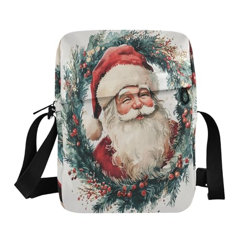 Santa Claus on A Wreath Watercolor Style crossbody messenger bag Small Crossbody Bags For Women Women's Cross Body Purse Adjustable Strap for Travel business