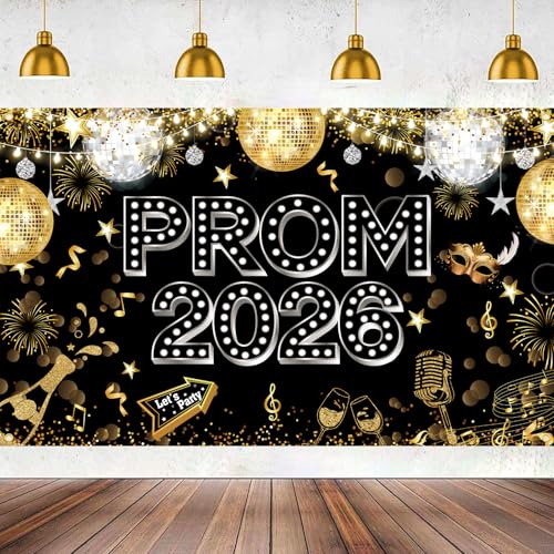 Prom 2026 Backdrop Decoration 180x110cm Prom Banner for Graduation Party Class of 2026 Graduation Decorations Prom Night Photo Booth Background Indoor & Outdoor Party Supplies