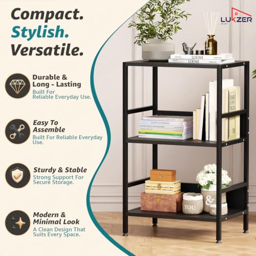 Image of Lukzer 3-Tier Wooden Bedside Table for Bedroom & Multipurpose Open Storage Shelf (MMR-006-Black & Black) Metal Side Tables for Living Room & Space-Saving Kitchen Organizer Rack (70 x 53 x 30 cm)