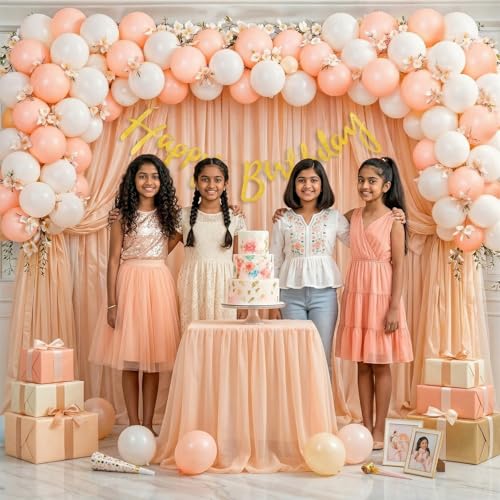 Image of Party Propz Happy Birthday Decoration Kit for Girls -46 Pcs, Birthday Decoration Items with Peach Curtains, Golden Happy Birthday Banner, Balloons for Birthday Decoration for Girls (Cardstock, Latex)