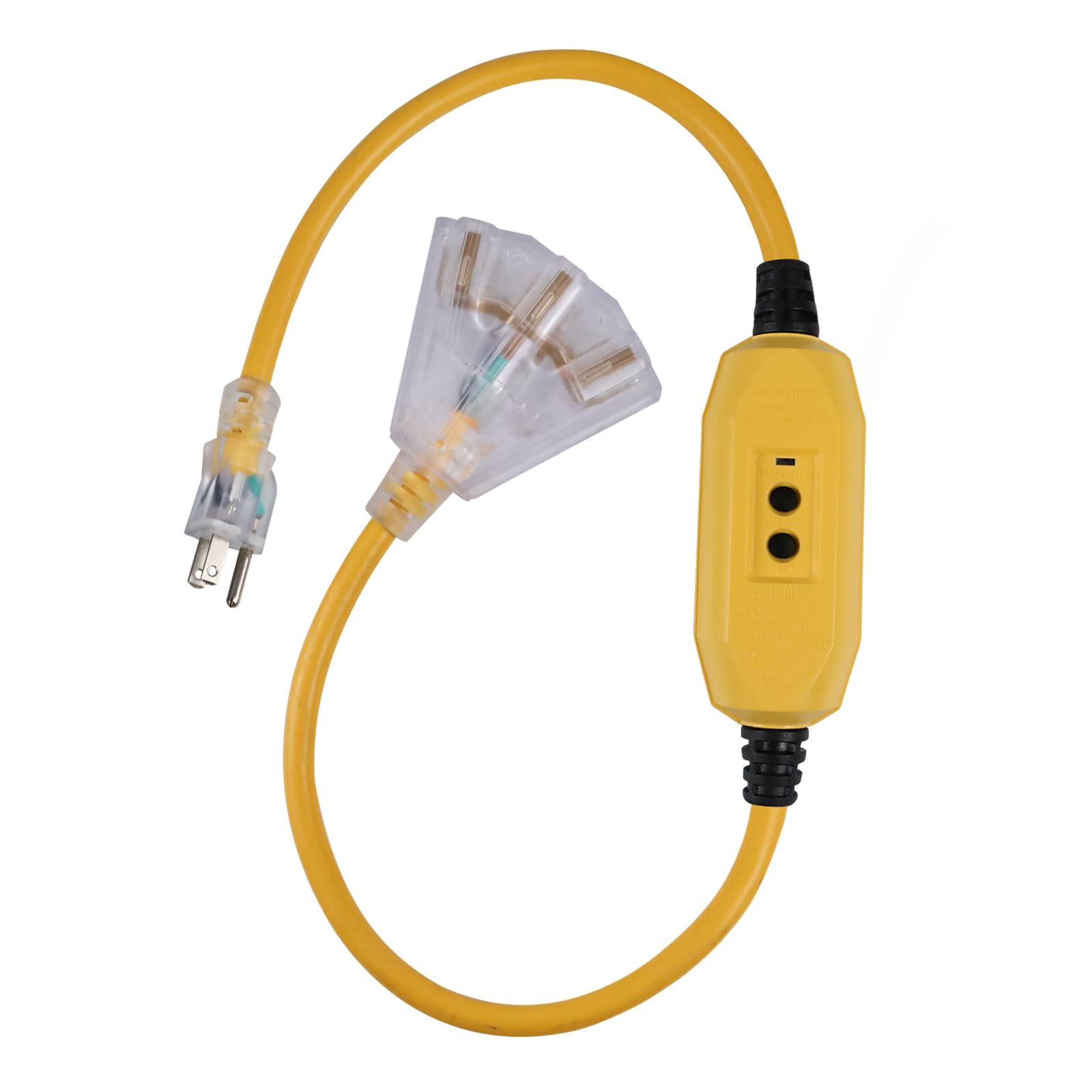 3 Ft GFCI Lighted Appliance Extension Cord with 3 Power Outlets, 15 Amp 12/3 SJTW Heavy Duty Yellow Pigtail Extension Cable with 3 Prong Grounded Plug for Safety, UL Listed