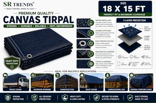 Image of 1200 GSM Heavy Duty Canvas Tarpaulin | 100% Waterproof Resistance, UV Resistant, Tear Proof Tarp with Reinforced Edges & Eyelets for Truck, Outdoor, Construction (Blue, 18 X 15 FT)