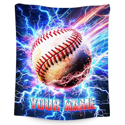 Baseball Blanket Gifts Personalized Kids Blanket for Boys - Custom Name Soft Cozy Throws for Men, Adults & Sport Lovers (4 Sizes Choose)