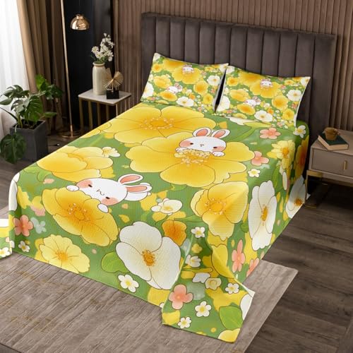 Rabbit Bedspreads Queen Size,Yellow Flower Bedding Sets 3Pcs for Kids Girls Boys Teens Room Decor,Spring Garden Theme Floral Comforter Set Happy Easter Rabbit Quilt Coverlet,2 Pillowcases