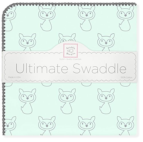 SwaddleDesigns Ultimate Winter Swaddle, X-Large Receiving Blanket, Made in USA, Premium Cotton Flannel, Gray Fox on SeaCrystal (Mom's Choice Award Winner)