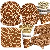 Xenorik Giraffe Print Birthday Party Supplies - Jungle Giraffe Animal Texture Print Party Decorations Tableware, Plate, Cup, Napkin, Cutlery, Tablecloth | Serves 24