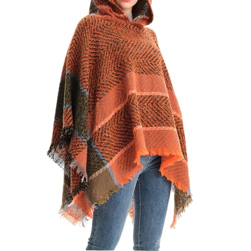 Cozy Hooded Poncho for Women - Stylish Chevron Pattern Knit Wrap with Fringe Hem - JS012