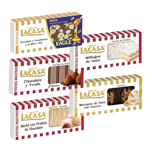 Pack Surtido 5 Turrones Lacasa:Mazapán de Nata con Nueces, Chocolate y Trufa, Milhojas de Nata, Mochi con Praliné de Chocolate,Cacahuete Eagle