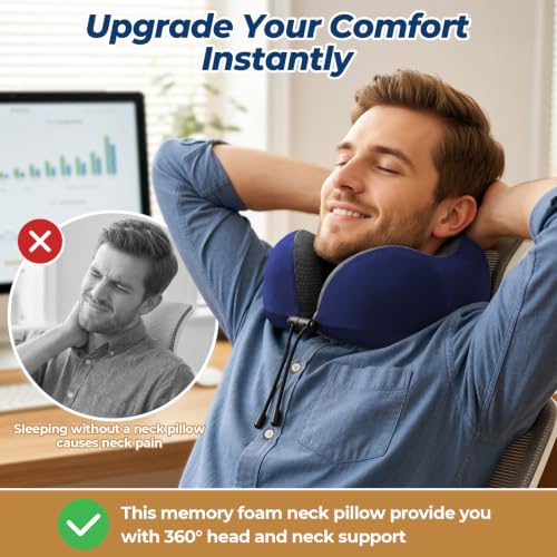 Image of ExploreBliss Travel Pillow, Memory Foam Neck Pillow Airplane, Blue | Travel Pillows for Airplanes, Neck Pillow Airplane, Memory Foam Neck Pillow Set with Eye Mask, Earplugs