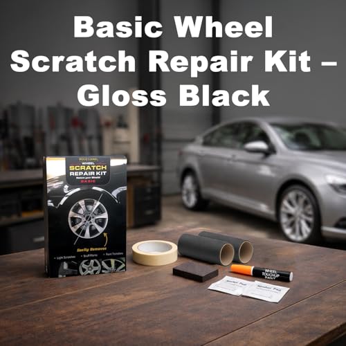 Image of Wheel Scratch Repair Kit | Gloss Black Rim Touch-Up Pen 30ml | Basic DIY Kit with Sanding Block, Alcohol Wipes, Masking Tape & Sandpapers | Restore Painted Alloy Wheels