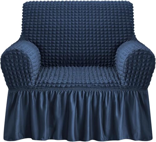 Image of Bails Sofa Cover 1 Seater Fully Covered | Sofa Cover 3 Seater Fully Covered | Sofa Cover 1 Seater | Universal Elastic Bubble Fabric with Frill Sofa Protector Cover (Navy, 1 Seater)
