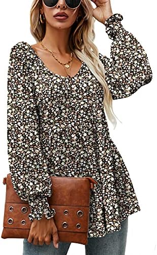 Womens Casual Floral Print Puff Long Sleeve Tunic Pleated Waist Flowy Tops Smocked Cuff V-Neck Shirts Blouses, L