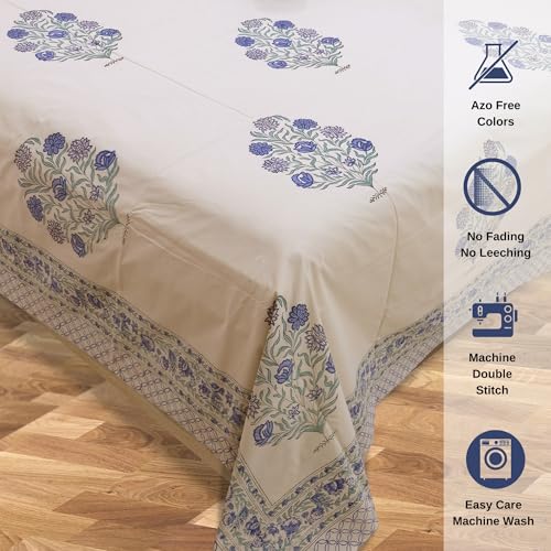 Image of TOAI Hand Block Printed Bedsheet | Bed Spread Flatsheet Bed Sheet | Pure Cotton | King Size 108 inchx108 inch | 300 TC Long Staple Cotton | 2 Reversible Pillow Covers |Mughal Motif on Beige