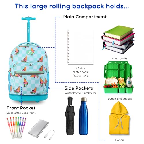 Image of J World Sunrise Kids Rolling Backpack with Wheels for Girls Boys, Roller Bookbag for School, 18 x 13 x 9 Inches, Ice Cone